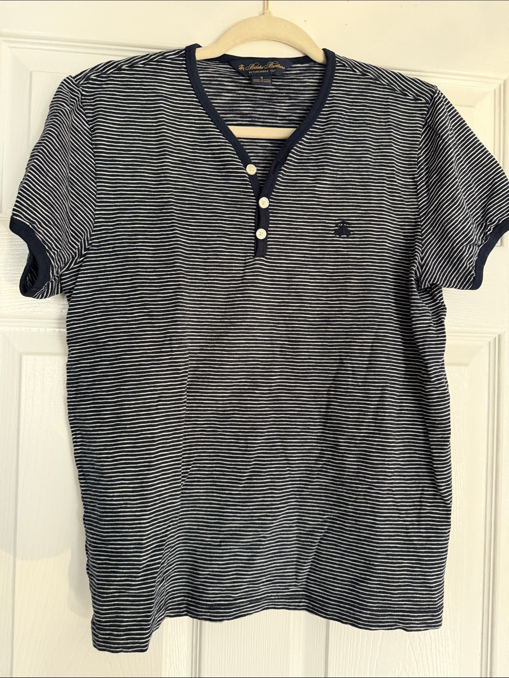 Brooks Brithers Striped Short-Sleeve Henley Shirt in Navy and White